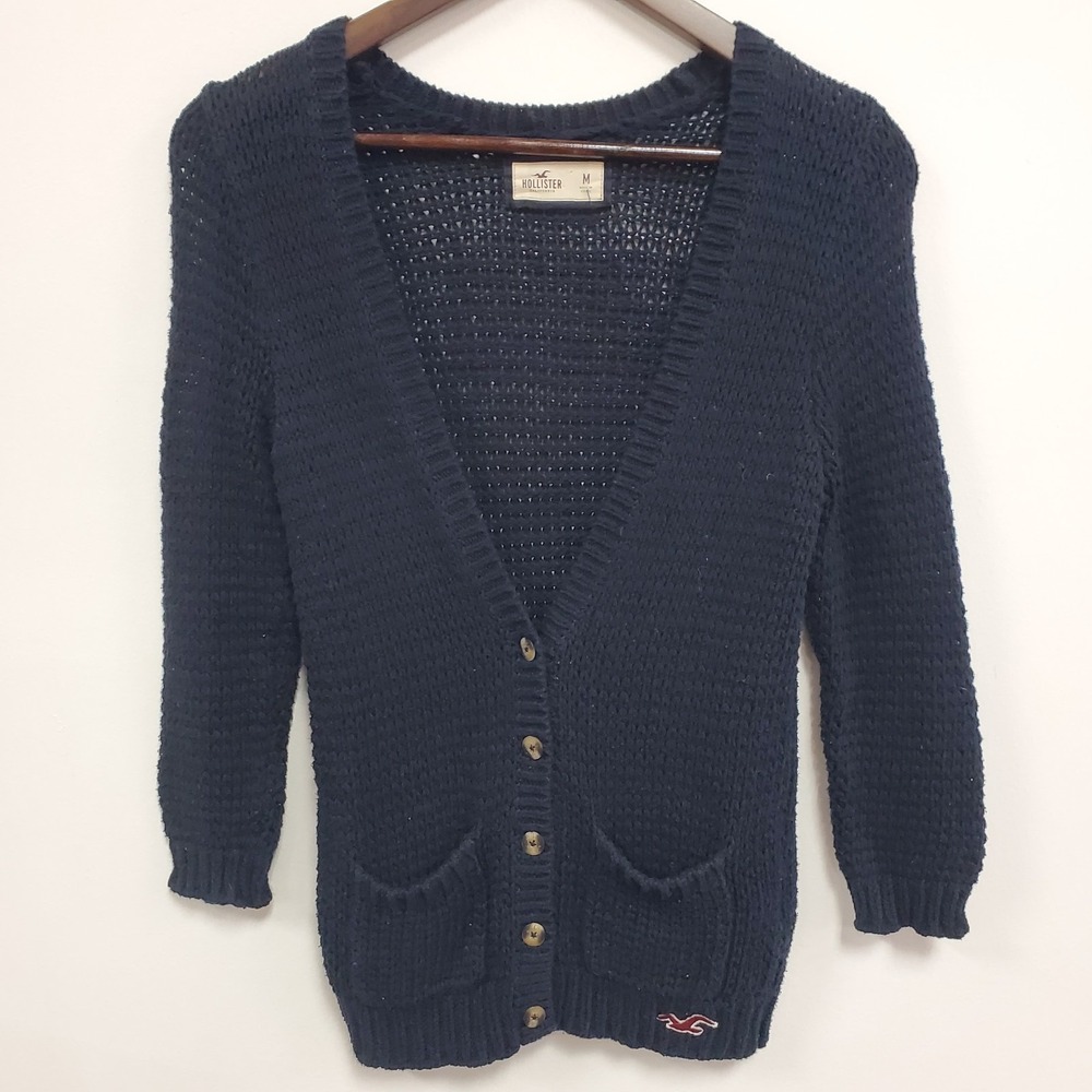 Hollister Womens Y2K Button Up‎ Cardigan Size M Blue Logo Preppy 90S Layers Cozy